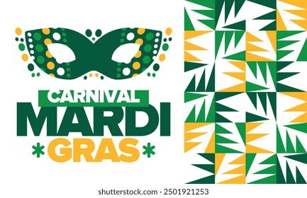 Mardi Gras Carnival in New Orleans. Fat Tuesday. Traditional folk festival with parade and celebration. Annual holiday. Costume masquerade, fun party. Carnival mask. Poster, card, banner. Vector