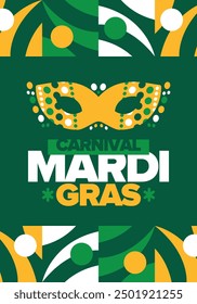 Mardi Gras Carnival in New Orleans. Fat Tuesday. Traditional folk festival with parade and celebration. Annual holiday. Costume masquerade, fun party. Carnival mask. Poster, card, banner. Vector