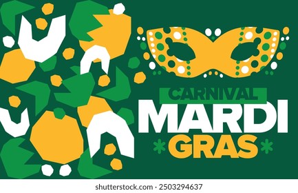 Mardi Gras Carnival in New Orleans. Fat Tuesday. Traditional folk festival with parade and celebration. Annual holiday. Costume masquerade, fun party. Carnival mask. Poster, card, banner. Vector