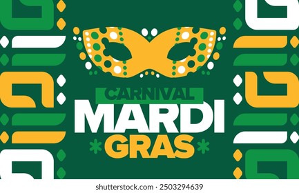 Mardi Gras Carnival in New Orleans. Fat Tuesday. Traditional folk festival with parade and celebration. Annual holiday. Costume masquerade, fun party. Carnival mask. Poster, card, banner. Vector