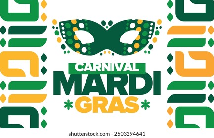 Mardi Gras Carnival in New Orleans. Fat Tuesday. Traditional folk festival with parade and celebration. Annual holiday. Costume masquerade, fun party. Carnival mask. Poster, card, banner. Vector