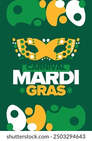 Mardi Gras Carnival in New Orleans. Fat Tuesday. Traditional folk festival with parade and celebration. Annual holiday. Costume masquerade, fun party. Carnival mask. Poster, card, banner. Vector