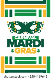 Mardi Gras Carnival in New Orleans. Fat Tuesday. Traditional folk festival with parade and celebration. Annual holiday. Costume masquerade, fun party. Carnival mask. Poster, card, banner. Vector