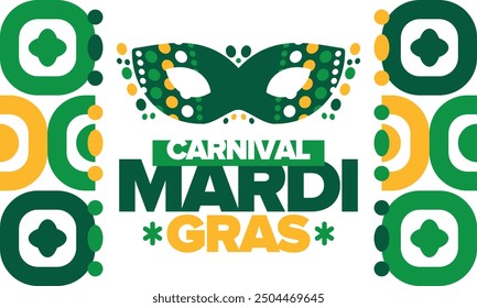 Mardi Gras Carnival in New Orleans. Fat Tuesday. Traditional folk festival with parade and celebration. Annual holiday. Costume masquerade, fun party. Carnival mask. Poster, card, banner. Vector