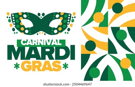 Mardi Gras Carnival in New Orleans. Fat Tuesday. Traditional folk festival with parade and celebration. Annual holiday. Costume masquerade, fun party. Carnival mask. Poster, card, banner. Vector