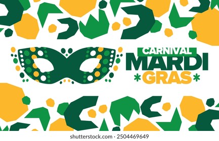 Mardi Gras Carnival in New Orleans. Fat Tuesday. Traditional folk festival with parade and celebration. Annual holiday. Costume masquerade, fun party. Carnival mask. Poster, card, banner. Vector