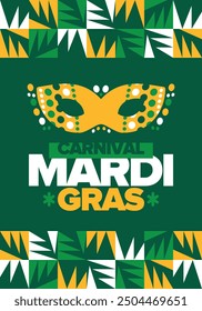 Mardi Gras Carnival in New Orleans. Fat Tuesday. Traditional folk festival with parade and celebration. Annual holiday. Costume masquerade, fun party. Carnival mask. Poster, card, banner. Vector