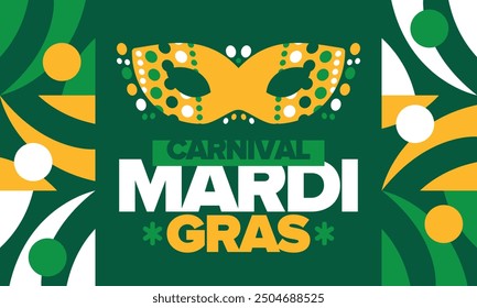 Mardi Gras Carnival in New Orleans. Fat Tuesday. Traditional folk festival with parade and celebration. Annual holiday. Costume masquerade, fun party. Carnival mask. Poster, card, banner. Vector