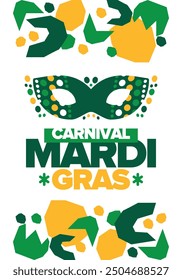 Mardi Gras Carnival in New Orleans. Fat Tuesday. Traditional folk festival with parade and celebration. Annual holiday. Costume masquerade, fun party. Carnival mask. Poster, card, banner. Vector