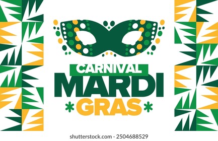 Carnaval de Mardi Gras en la Nueva Orleans. Martes Gordo. Festival folclórico tradicional con desfile y celebración. Vacaciones anuales. Disfraz de disfraces, fiesta divertida. Máscara de carnaval. Cartel, tarjeta, Anuncio. Vector