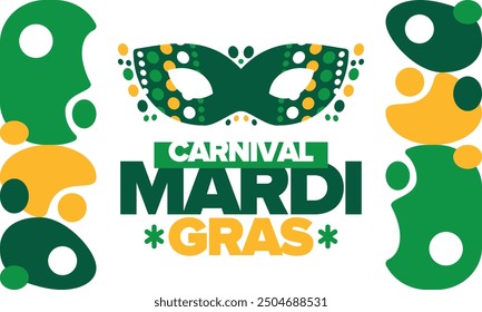 Mardi Gras Carnival in New Orleans. Fat Tuesday. Traditional folk festival with parade and celebration. Annual holiday. Costume masquerade, fun party. Carnival mask. Poster, card, banner. Vector