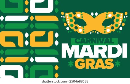 Mardi Gras Carnival in New Orleans. Fat Tuesday. Traditional folk festival with parade and celebration. Annual holiday. Costume masquerade, fun party. Carnival mask. Poster, card, banner. Vector