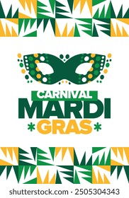 Mardi Gras Carnival in New Orleans. Fat Tuesday. Traditional folk festival with parade and celebration. Annual holiday. Costume masquerade, fun party. Carnival mask. Poster, card, banner. Vector