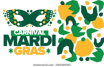 Mardi Gras Carnival in New Orleans. Fat Tuesday. Traditional folk festival with parade and celebration. Annual holiday. Costume masquerade, fun party. Carnival mask. Poster, card, banner. Vector