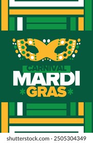 Mardi Gras Carnival in New Orleans. Fat Tuesday. Traditional folk festival with parade and celebration. Annual holiday. Costume masquerade, fun party. Carnival mask. Poster, card, banner. Vector