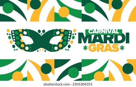 Mardi Gras Carnival in New Orleans. Fat Tuesday. Traditional folk festival with parade and celebration. Annual holiday. Costume masquerade, fun party. Carnival mask. Poster, card, banner. Vector