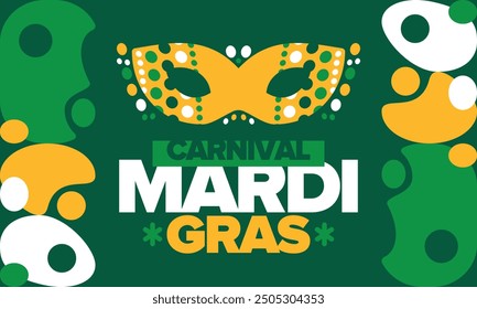 Mardi Gras Carnival in New Orleans. Fat Tuesday. Traditional folk festival with parade and celebration. Annual holiday. Costume masquerade, fun party. Carnival mask. Poster, card, banner. Vector