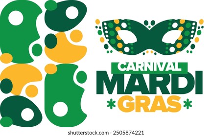 Mardi Gras Carnival in New Orleans. Fat Tuesday. Traditional folk festival with parade and celebration. Annual holiday. Costume masquerade, fun party. Carnival mask. Poster, card, banner. Vector