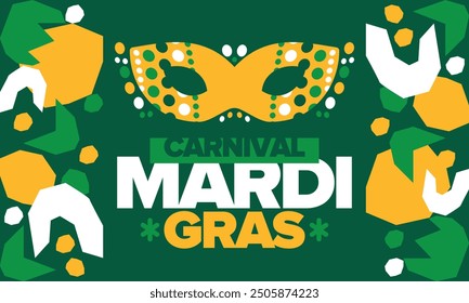 Mardi Gras Carnival in New Orleans. Fat Tuesday. Traditional folk festival with parade and celebration. Annual holiday. Costume masquerade, fun party. Carnival mask. Poster, card, banner. Vector