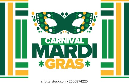 Mardi Gras Carnival in New Orleans. Fat Tuesday. Traditional folk festival with parade and celebration. Annual holiday. Costume masquerade, fun party. Carnival mask. Poster, card, banner. Vector