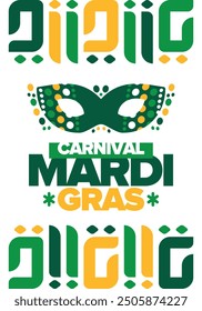 Mardi Gras Carnival in New Orleans. Fat Tuesday. Traditional folk festival with parade and celebration. Annual holiday. Costume masquerade, fun party. Carnival mask. Poster, card, banner. Vector