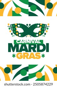 Mardi Gras Carnival in New Orleans. Fat Tuesday. Traditional folk festival with parade and celebration. Annual holiday. Costume masquerade, fun party. Carnival mask. Poster, card, banner. Vector