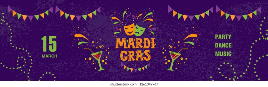 Mardi gras carnival party design. Fat tuesday, carnival, festival. Vector illustration. For greeting card, banner, gift packaging, poster