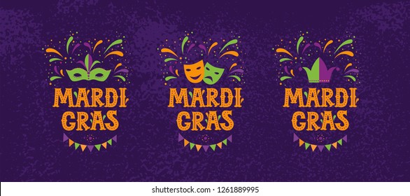 Mardi gras carnival party design. Emblem, sign, logo vector set. Fat tuesday, carnival, festival. Vector illustration. For greeting card, banner, gift packaging, poster