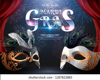 Mardi gras carnival party design with mask and peacock feathers on fireworks background in 3d illustration