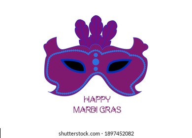 mardi gras carnival party design with purple mask with feathers. Fat tuesday, carnival, festival. Vector isolated on white background. For greeting card, banner, gift packaging, poster. 
