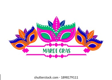 mardi gras carnival party design with cartoon colorful masks . Fat tuesday, carnival, festival. Vector isolated on white background. For greeting card, banner, gift packaging, poster. 
