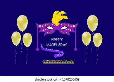 mardi gras carnival party design with cartoon colorful mask with feathers, balloons, trumpet. Fat tuesday, carnival, festival . For greeting card, banner, gift packaging, poster. 

