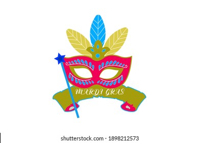 mardi gras carnival party design with cartoon colorful mask with feathers . Fat tuesday, carnival, festival. Vector isolated on white background. For greeting card, banner, gift packaging, poster. 
