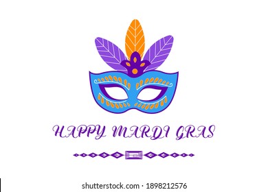 mardi gras carnival party design with cartoon colorful mask with feathers . Fat tuesday, carnival, festival. Vector isolated on white background. For greeting card, banner, gift packaging, poster. 
