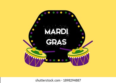 mardi gras carnival party design with cartoon colorful drums with drum sticks with colorful background . Fat tuesday, carnival, festival . For greeting card, banner, gift packaging, poster. 

