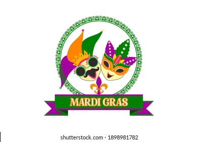 mardi gras carnival party design with cartoon colorful masks . Fat tuesday, carnival, festival. Vector isolated on white background. For greeting card, banner, gift packaging, poster. 
