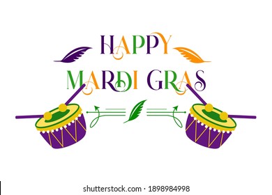 mardi gras carnival party design with cartoon colorful drums with sticks . Fat tuesday, carnival, festival. Vector isolated on white background. For greeting card, banner, gift packaging, poster. 
