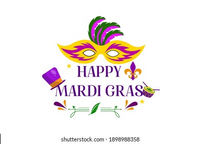 Mardi Gras Karneval Party-Design mit Cartoon bunten Maske mit Federn, Schlagzeug, Hut . Fat Dienstag, Karneval, Festival.  Für Grußkarten, Banner, Geschenkverpackungen, Poster. 
