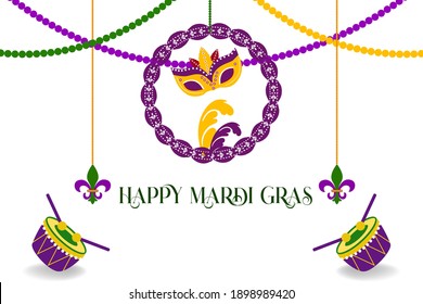 mardi gras carnival party design with cartoon colorful mask, beads and drums . Fat tuesday, carnival, festival.  For greeting card, banner, gift packaging, poster. 
