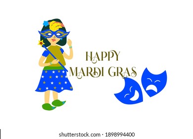 mardi gras carnival party design with cartoon colorful girl with  mask . Fat tuesday, carnival, festival. For greeting card, banner, gift packaging, poster. 
