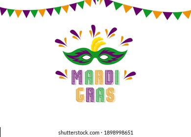 mardi gras carnival party design with cartoon colorful mask, paper garland . Fat tuesday, carnival, festival.  For greeting card, banner, gift packaging, poster. 
