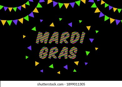 mardi gras carnival party design with cartoon colorful text with paper garlands . Fat tuesday, carnival, festival.  For greeting card, banner, gift packaging, poster. 
