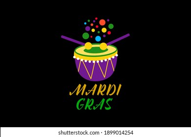 mardi gras carnival party design with cartoon colorful drum with sticks . Fat tuesday, carnival, festival. For greeting card, banner, gift packaging, poster. 
