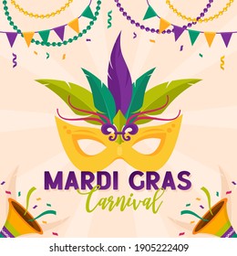 Mardi gras carnival party design. Fat tuesday, carnival, festival. Vector illustration. For greeting card, banner, gift packaging, poster