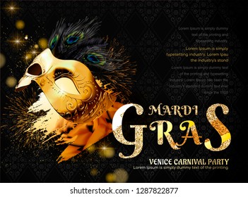 Mardi gras carnival party with golden mask and peacock feathers in 3d illustration