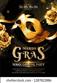 Mardi gras carnival party with golden mask and roses in 3d illustration