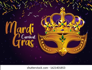 Mardi Gras, Carnival Party, Golden mask with crown, picture for gretting card banner, poster,  template, Flyer & brochure On background sparkling stars, vector illustration, EPS10.