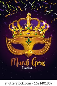 Mardi Gras, Carnival Party, Golden mask with crown, picture for gretting card banner, poster,  template, Flyer & brochure On background sparkling stars, vector illustration, EPS10.