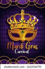 Mardi Gras, Carnival Party, Golden mask with crown,  gretting card banner, poster,  template, Flyer & brochure On background sparkling stars, vector illustration, EPS10.