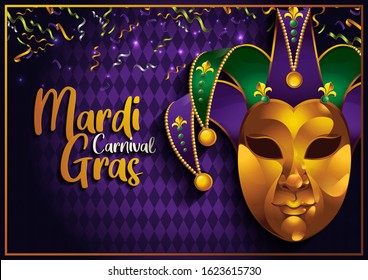 Mardi Gras, Carnival Party with Golden mask, gretting card banner, poster, template, Flyer & brochure on Diamond-shape quadrangle Purple Background, vector illustration, EPS10.